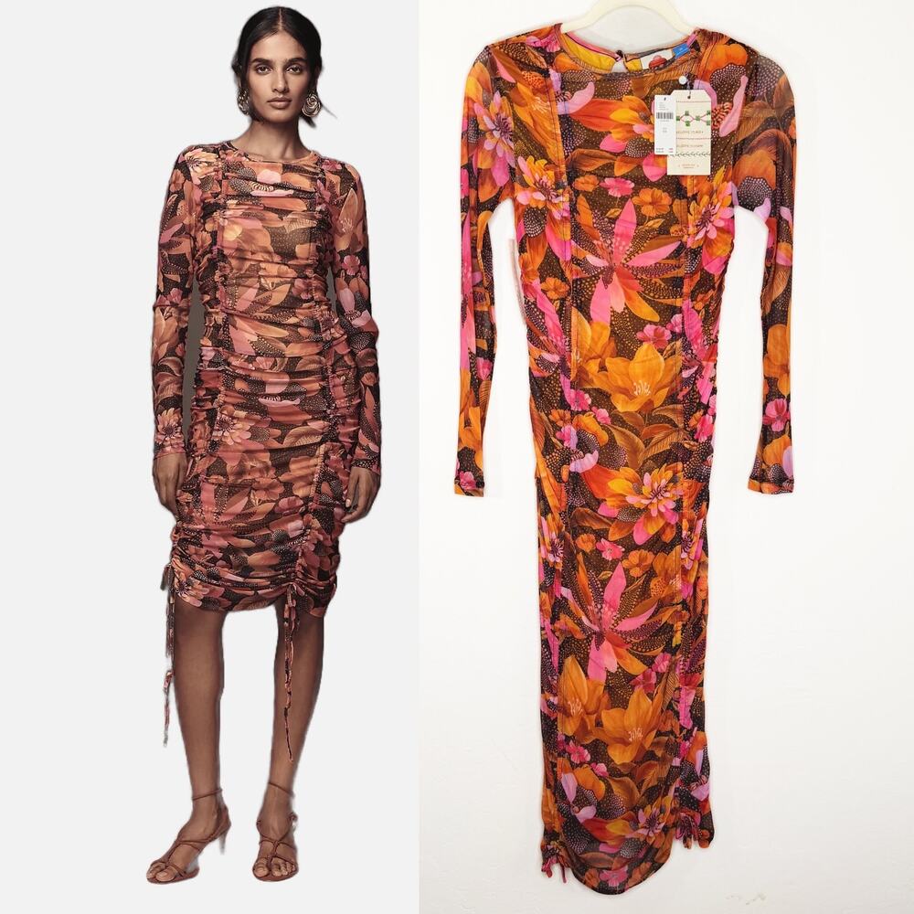 NWT Farm Rio x Anthropologie Ruched Mesh Tropical Graphic Flowers Midi Dress XS